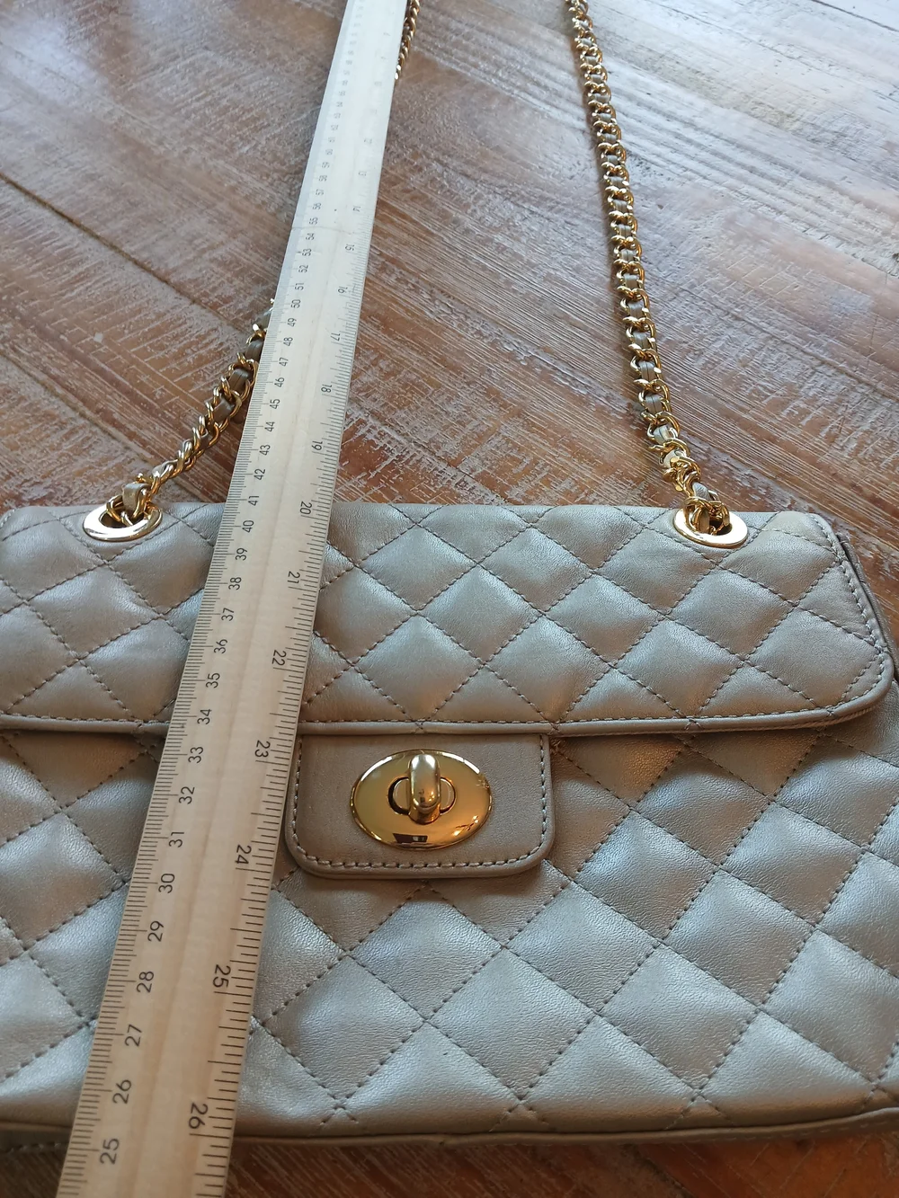 Kate Landry Quilted Champagne Metallic Shoulder Bag with Chain Strap